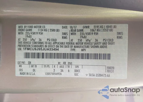 2018 Ford Escape Titanium z USA, uszkodzony, nr VIN 1FMCU9J95JUA53494